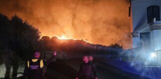 Controlado el incendio de Calaceite, en Torrox, sin heridos ni daños Agentes de la Policía Local vigilan las llamas del incendio de Calaceite, en Torrox, durante la madrugada